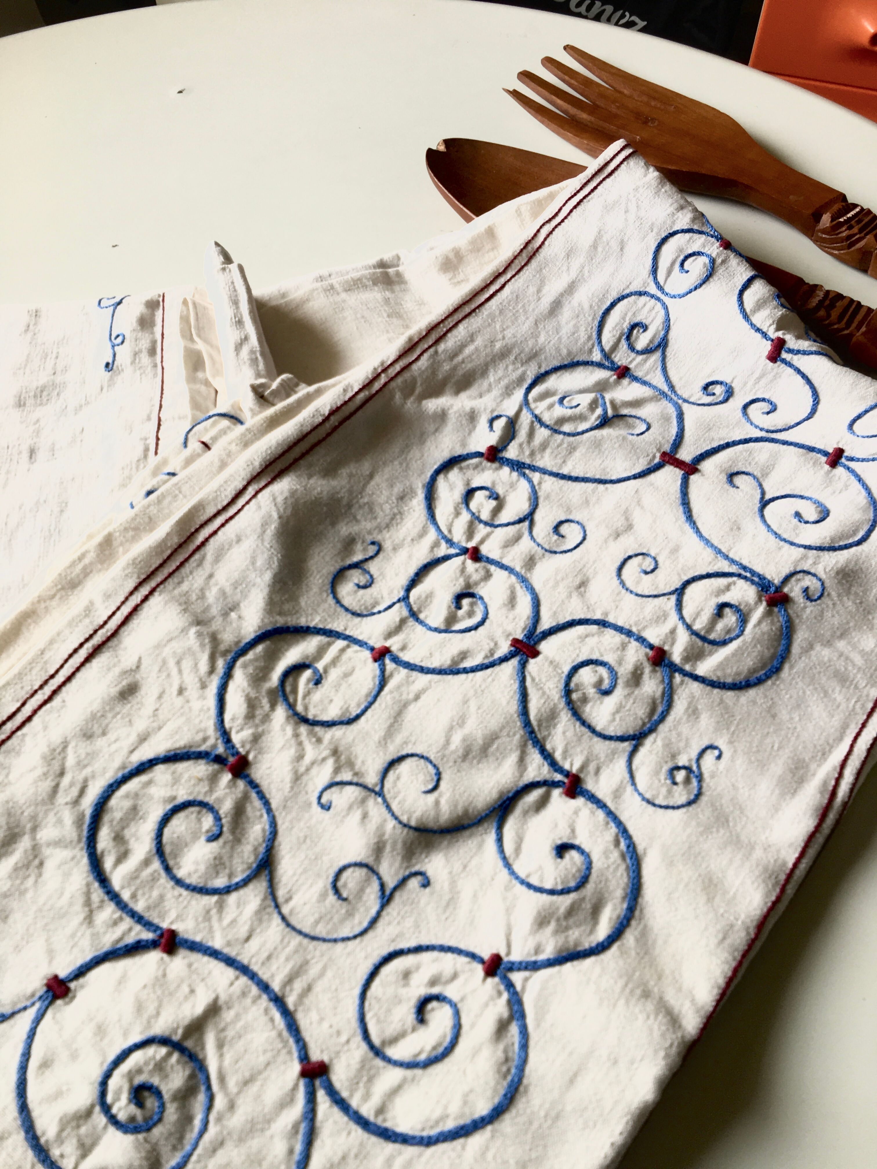 Antique embroidered linen tablecloth