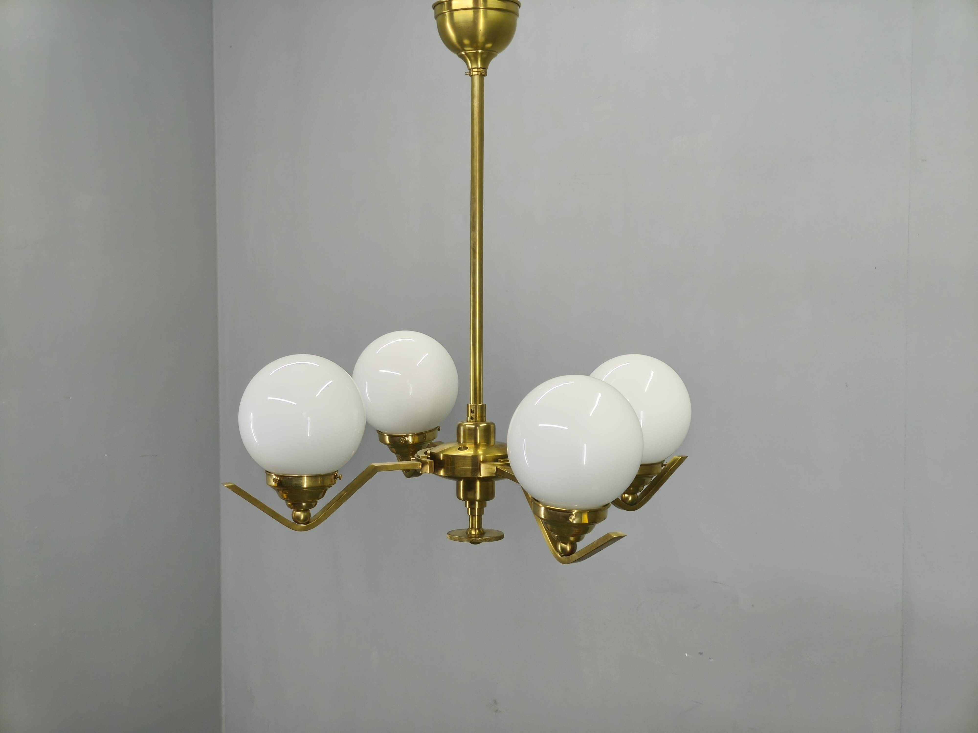 Adjustable Art Deco chandelier in brass with frosted glass, 1930s