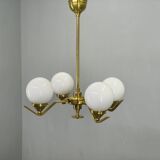 Adjustable Art Deco chandelier in brass with frosted glass, 1930s