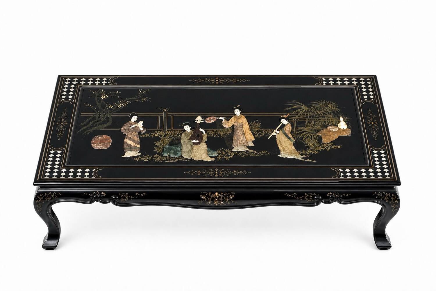 Table basse style chinois en bois noir et incrustrations de nacre