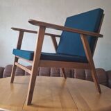 Danish teak lounge chair with sea blue-green  fabric, 1960s