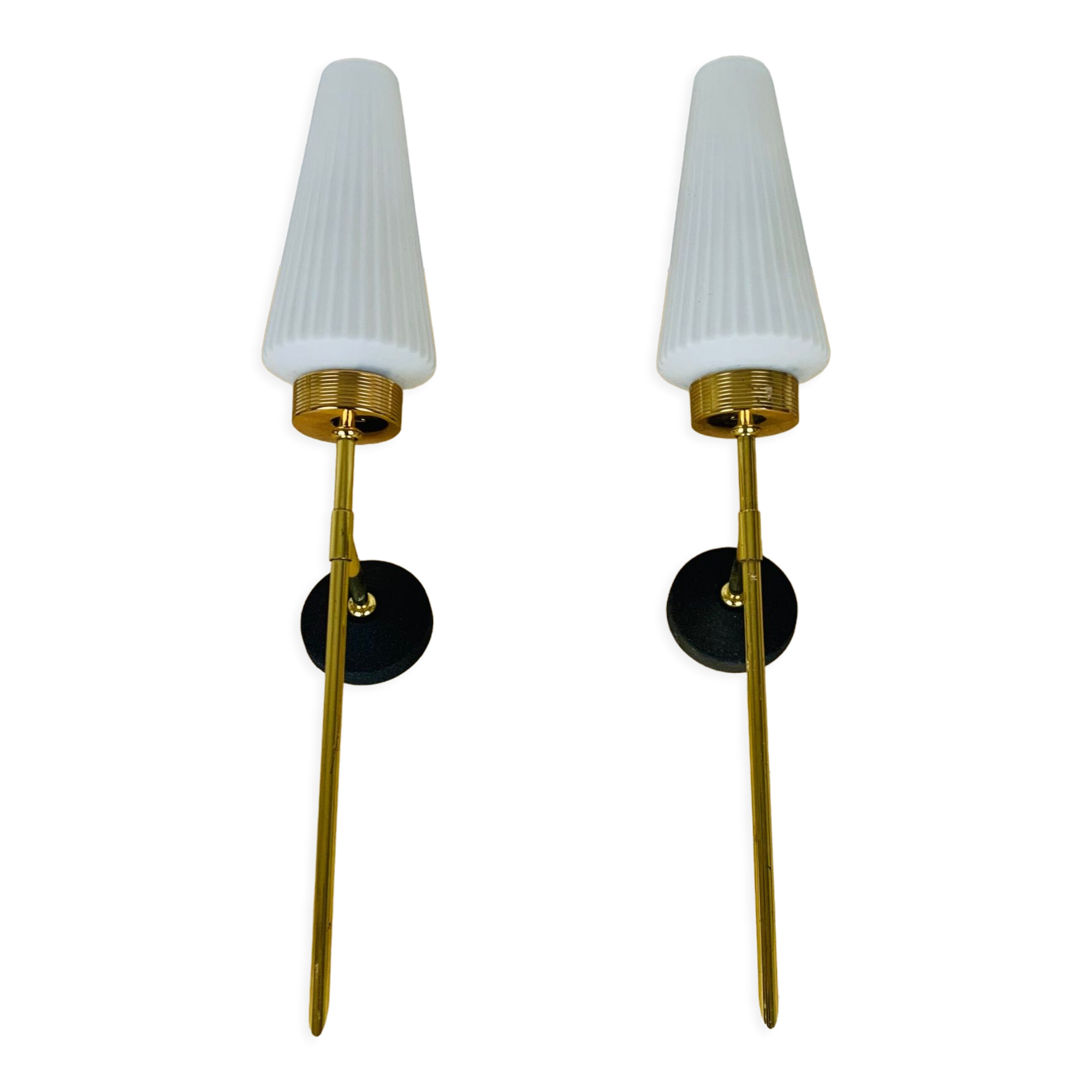 Pair of brass and opaline Lunel sconces, Arlus 50s