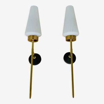 Pair of brass and opaline Lunel sconces, Arlus 50s