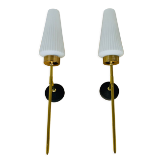 Pair of brass and opaline Lunel sconces, Arlus 50s