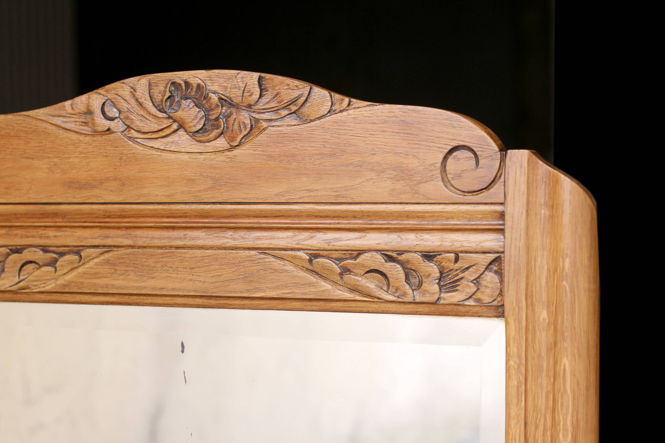 Art Deco fireplace mirror in light oak. Mercury glass.