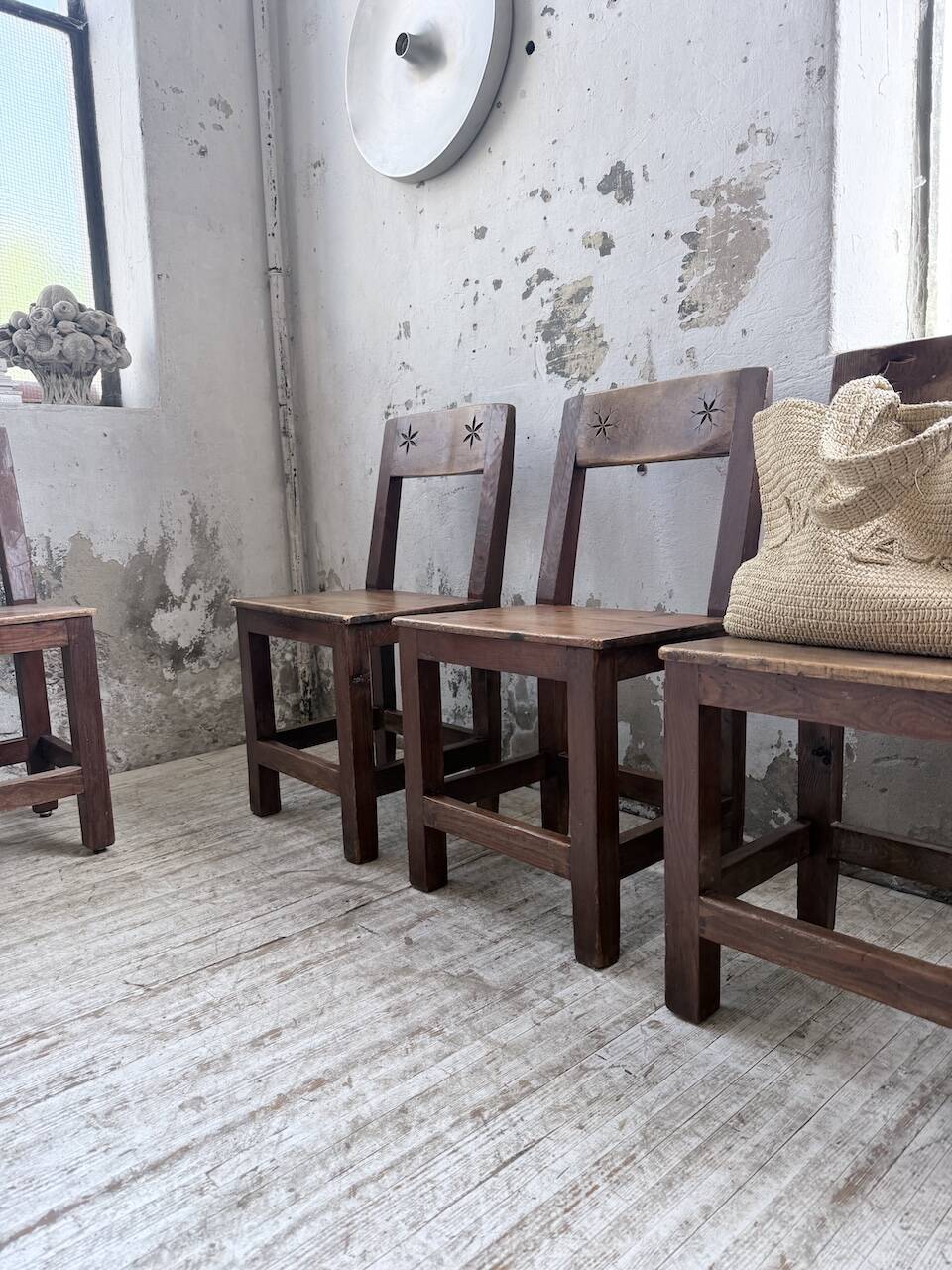 Set of 4 Savoyard pine folk art chairs from the 1950s.