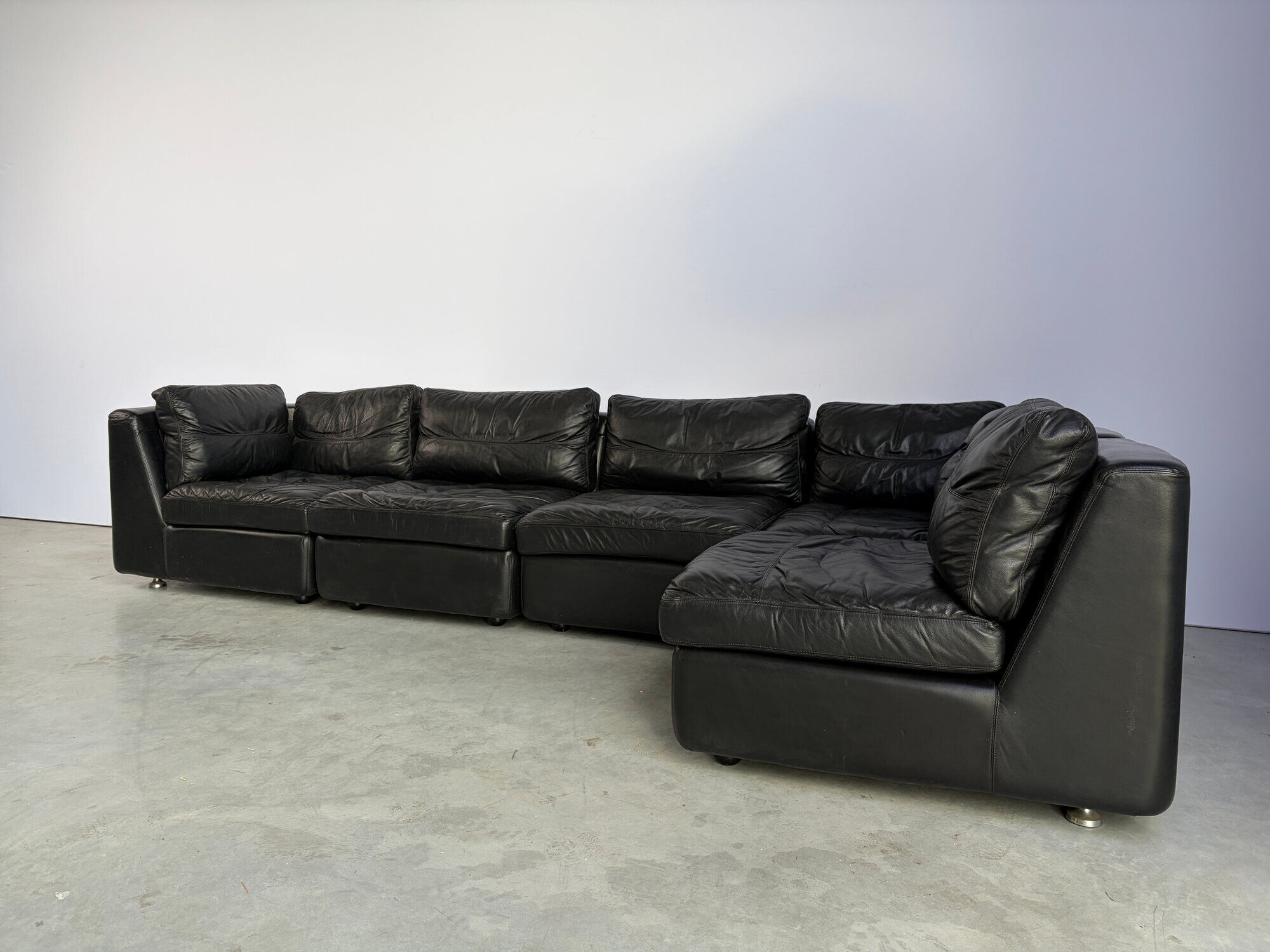 Vintage black leather modular sofa, 1970s
