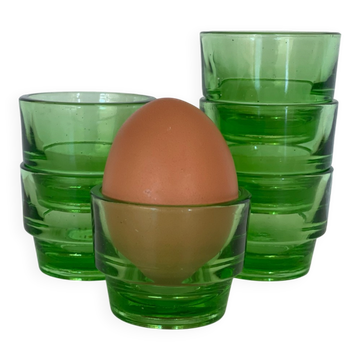 6 egg cups, green glass digestif glasses Lever.