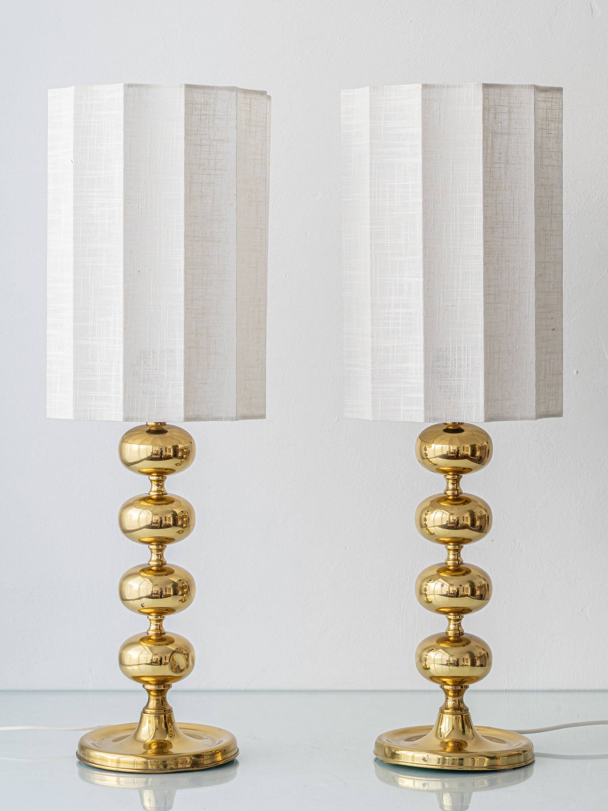 Pair of Swedish Mid-Century Brass Bobbin Table Lamps by Aneta, circa 1960