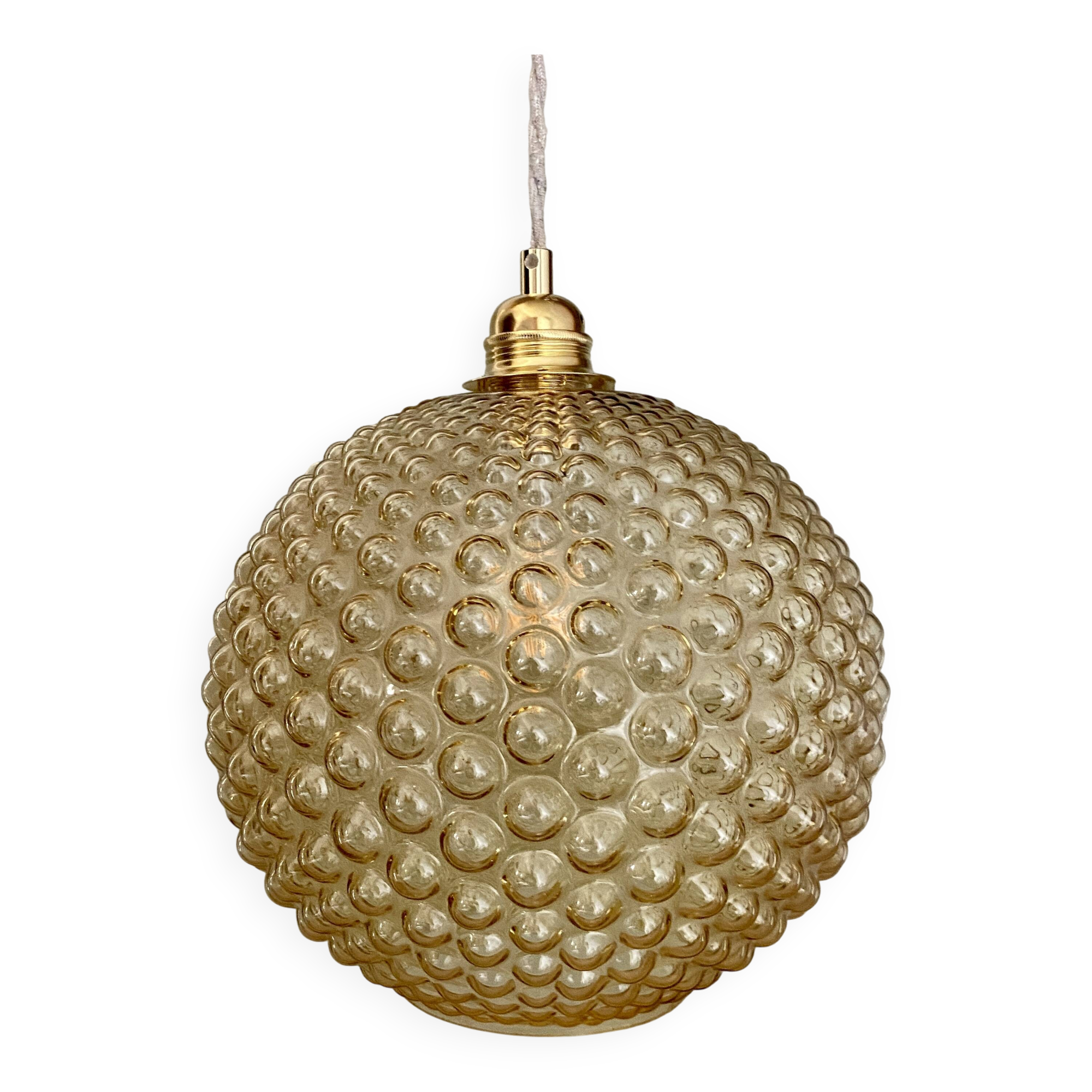 XXL vintage bubbled amber glass globe pendant light