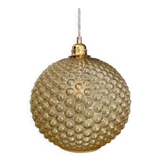 XXL vintage bubbled amber glass globe pendant light