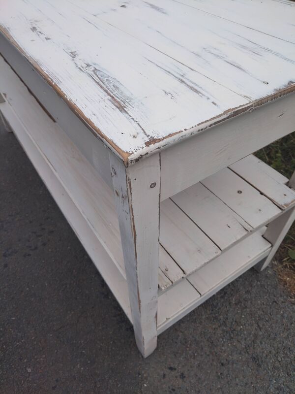Ancienne table de drapier patinée blanche, console de fleuriste bois