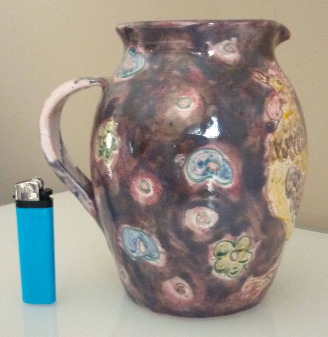 Rooster pitcher vase, glazed ceramic signed Jeanne Azambourg, Le Clos De Joye, 1960s