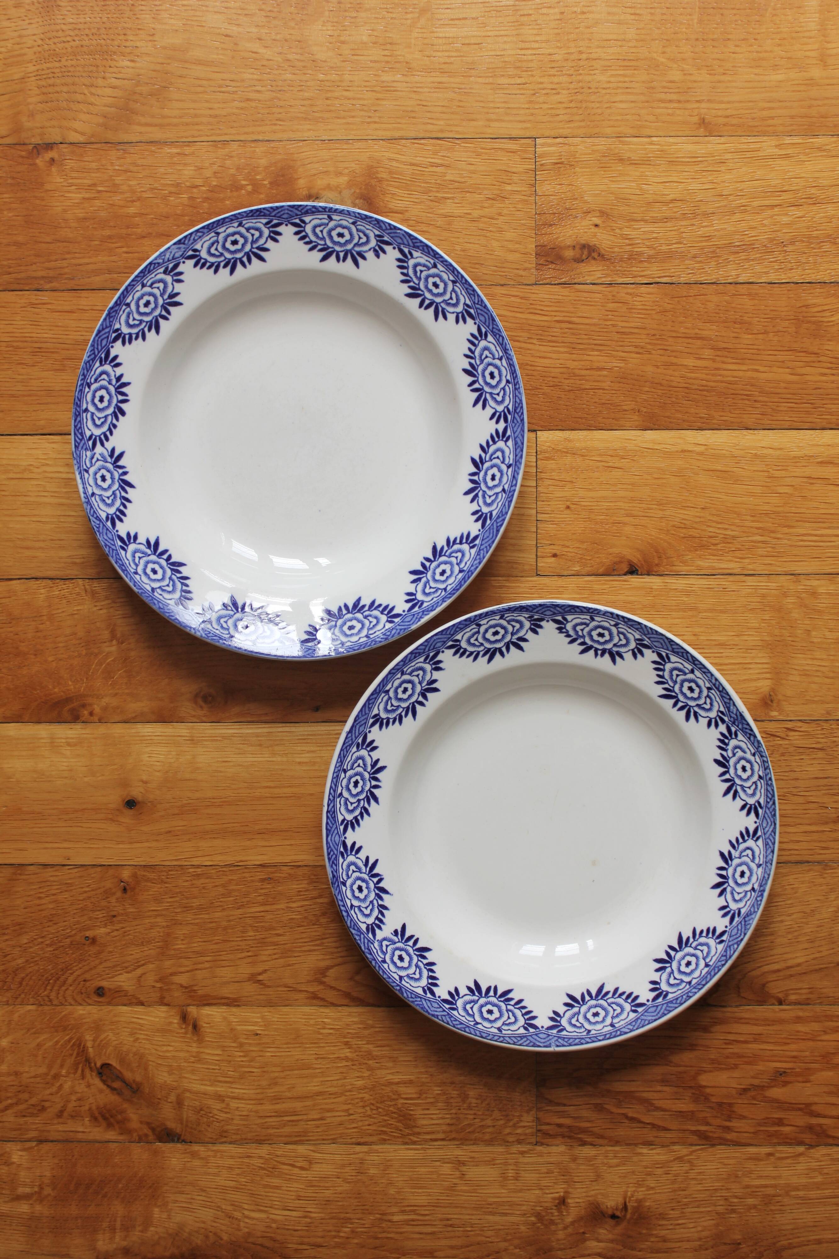 2 ironstone soup plates, "Capri" pattern, Digoin Sarreguemines, Art Deco