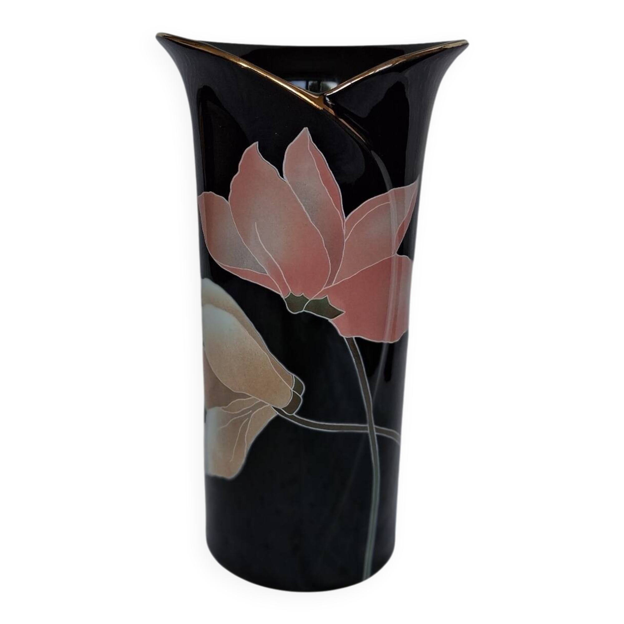 Superb vintage vase in glossy black glazed porcelain. Yamaji.
