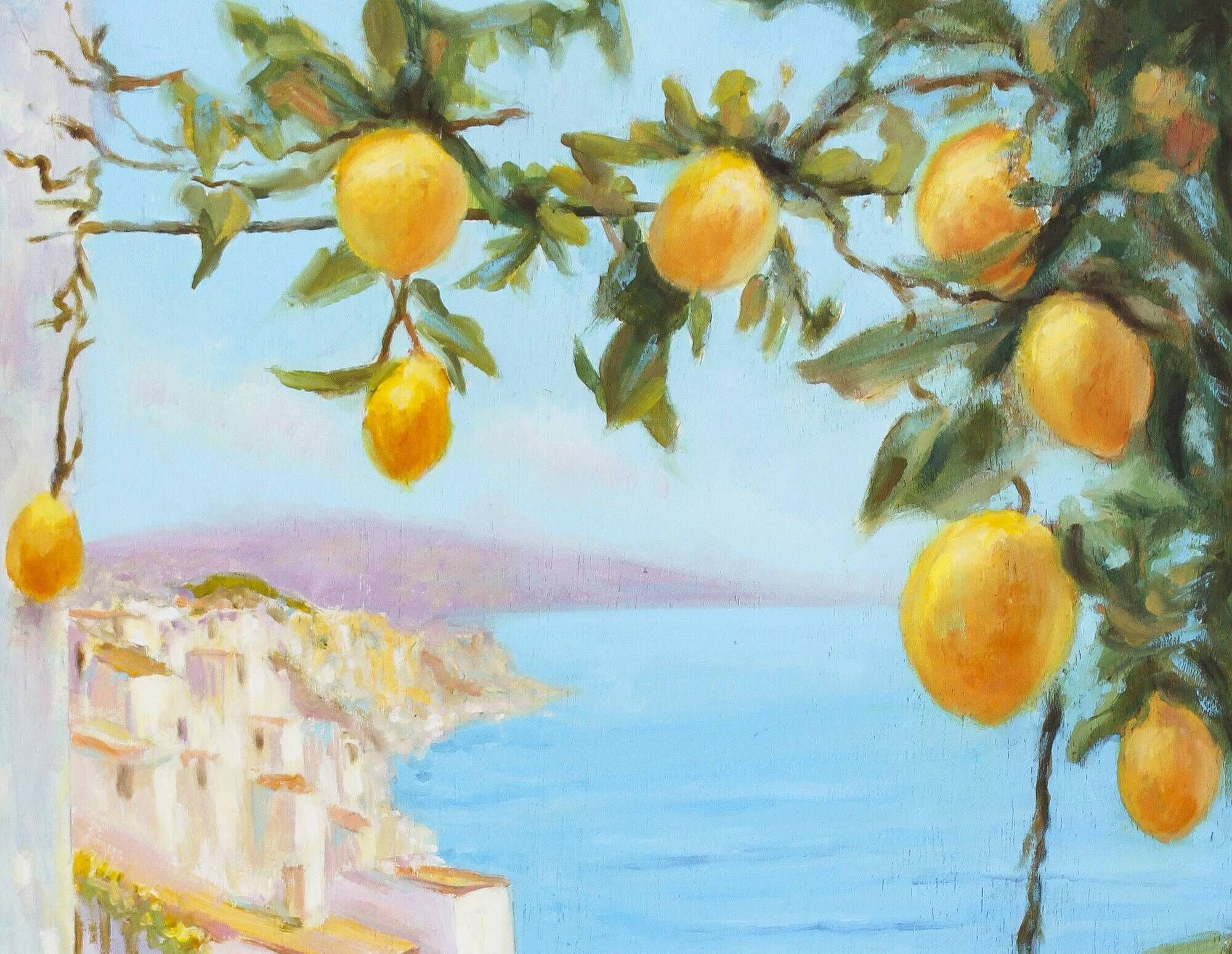 Oil painting of a view of the sea.