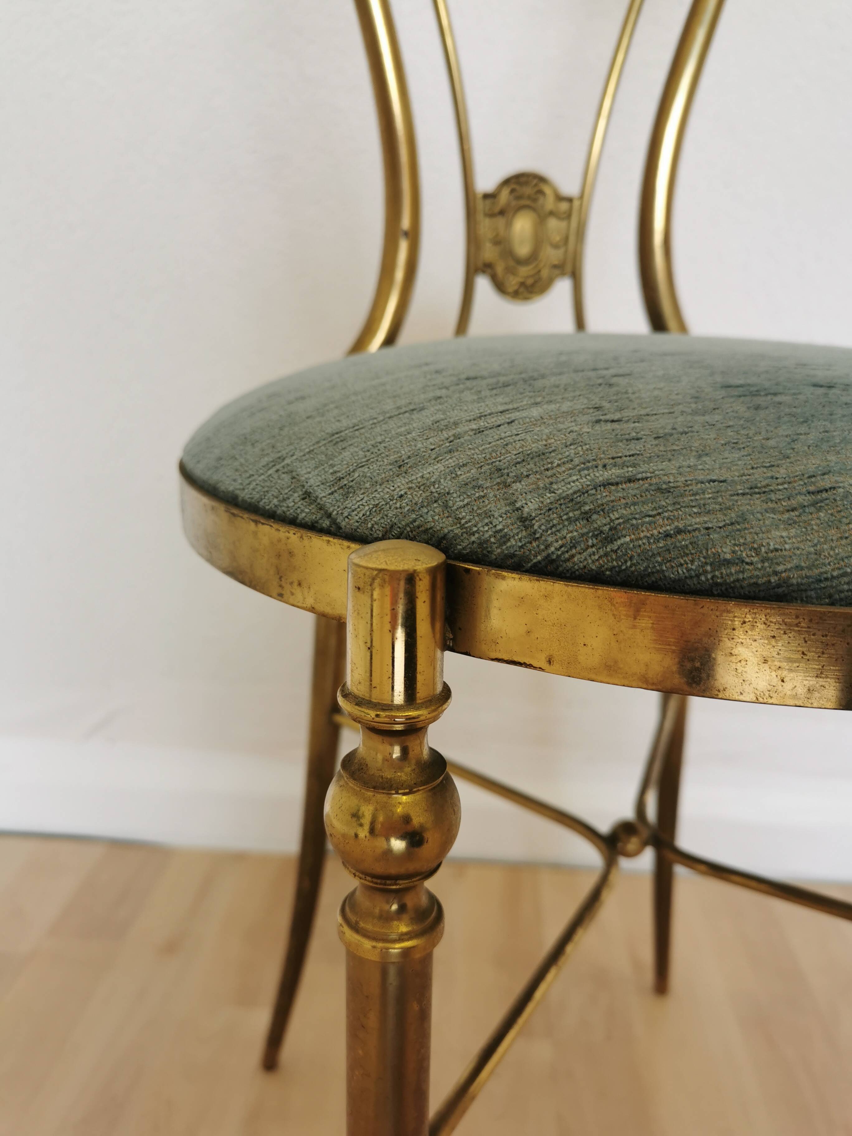 Vintage Paolo Buffa Brass Vanity Chair: Chiavari Style, Blue Fabric, 1950s