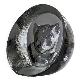 Crystal paperweight - cat face - Mats Jonasson - Målerås Glasbruk - Sweden