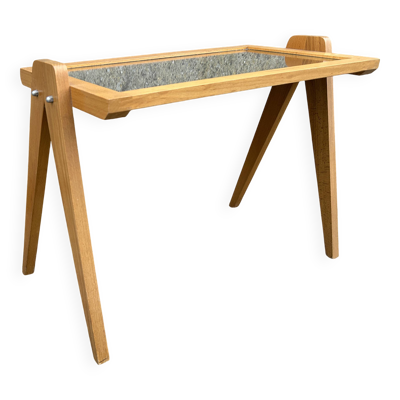 Petite table basse, bois, pieds compas et miroir, vintage, années 60
