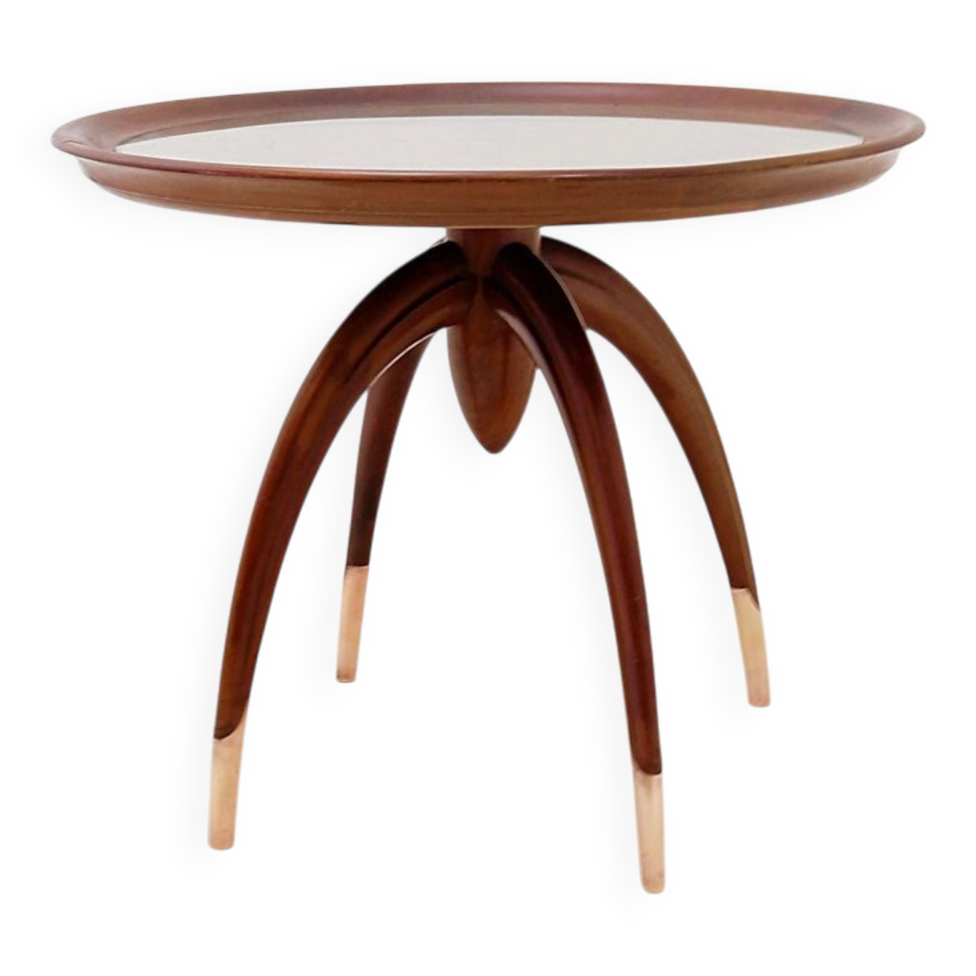 Round Art Deco side table in wood with curved legs and brass feet.