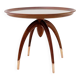 Round Art Deco side table in wood with curved legs and brass feet.