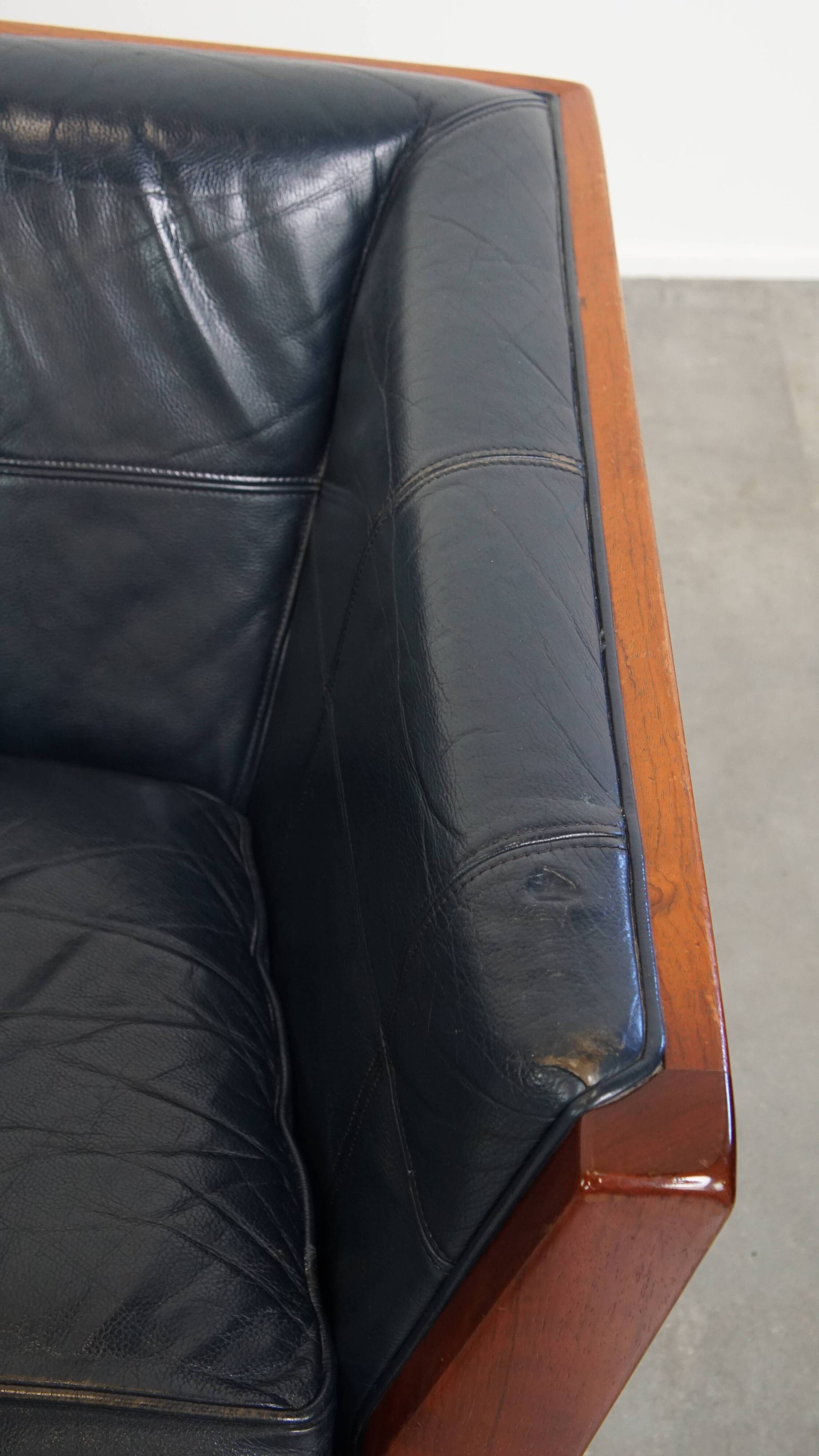 2.5-Seater Art Deco Sofa with Woodwork and Dark Blue Cowhide Leather