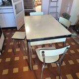 Vintage Yellow Formica Table with 3 Chairs and 1 Stool 1950s