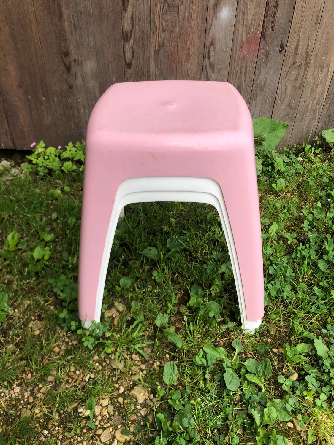 Series of 3 old vintage white & pink plastic stools