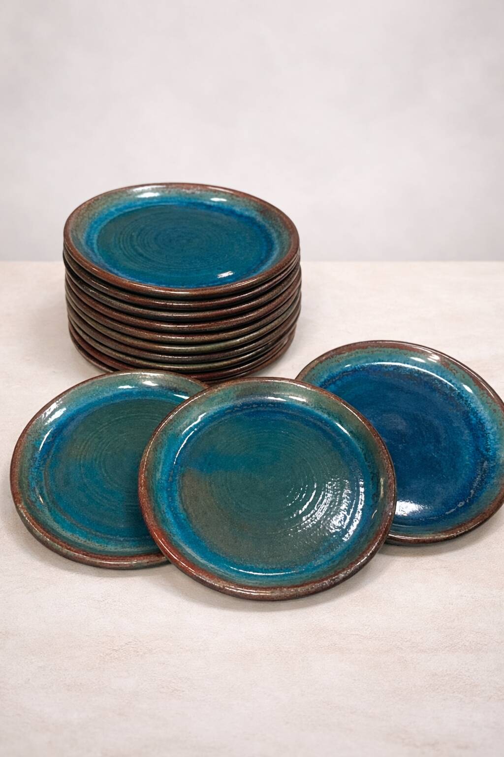Set of 6 stoneware plates signed Tournay – Turquoise glaze – Vintage years