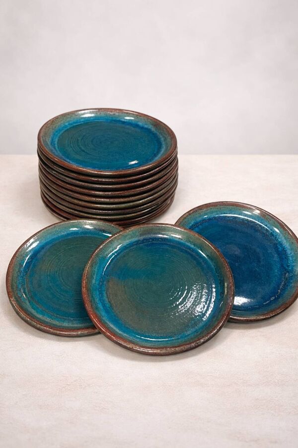 Lot de 6 assiettes en grès signé Tournay – Émail turquoise – Vintage années