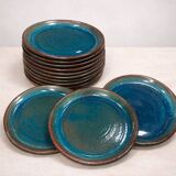 Set of 6 stoneware plates signed Tournay – Turquoise glaze – Vintage years