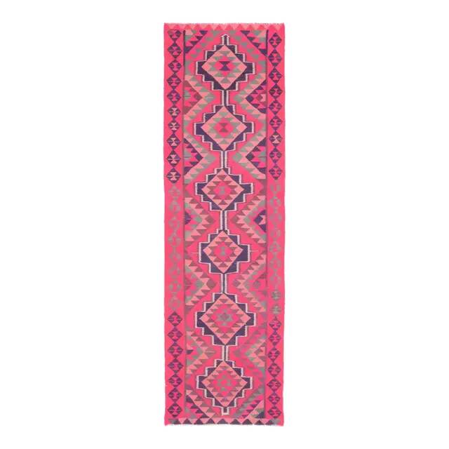 1970s Vintage Turkish Hand-Knotted Wool Cotton Pink Runner Rug 91x312
