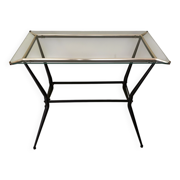 Table d'appoint ancienne en métal et en verre