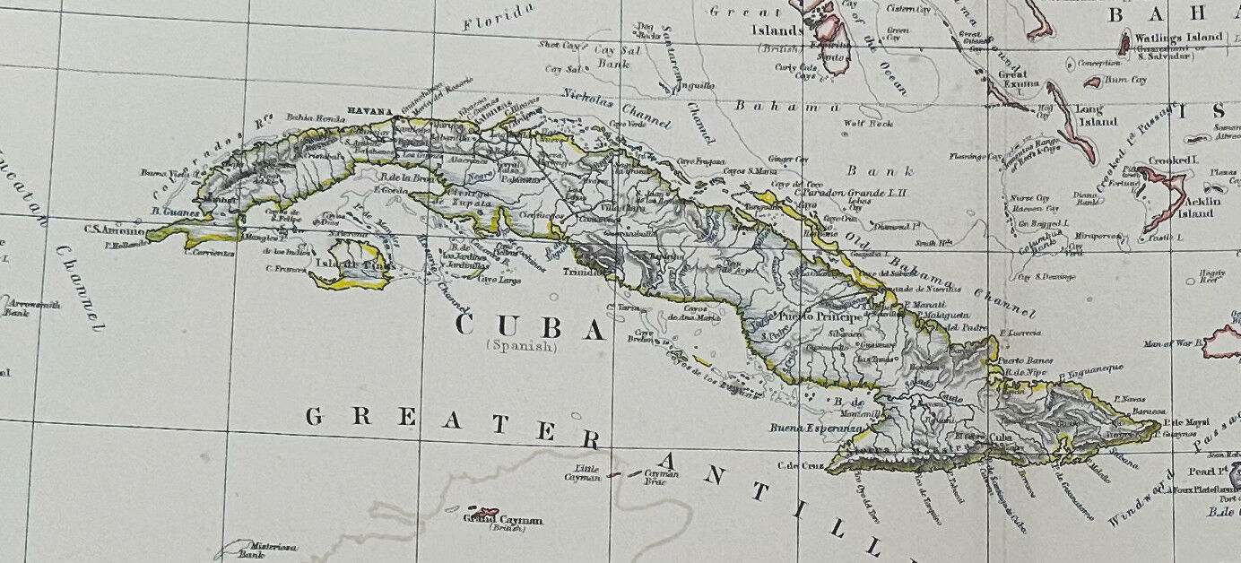 Map of Cuba and The Caribbean Sea circa 1869 Keith Johnston Royal Atlas Hand coloured map