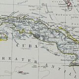 Map of Cuba and The Caribbean Sea circa 1869 Keith Johnston Royal Atlas Hand coloured map