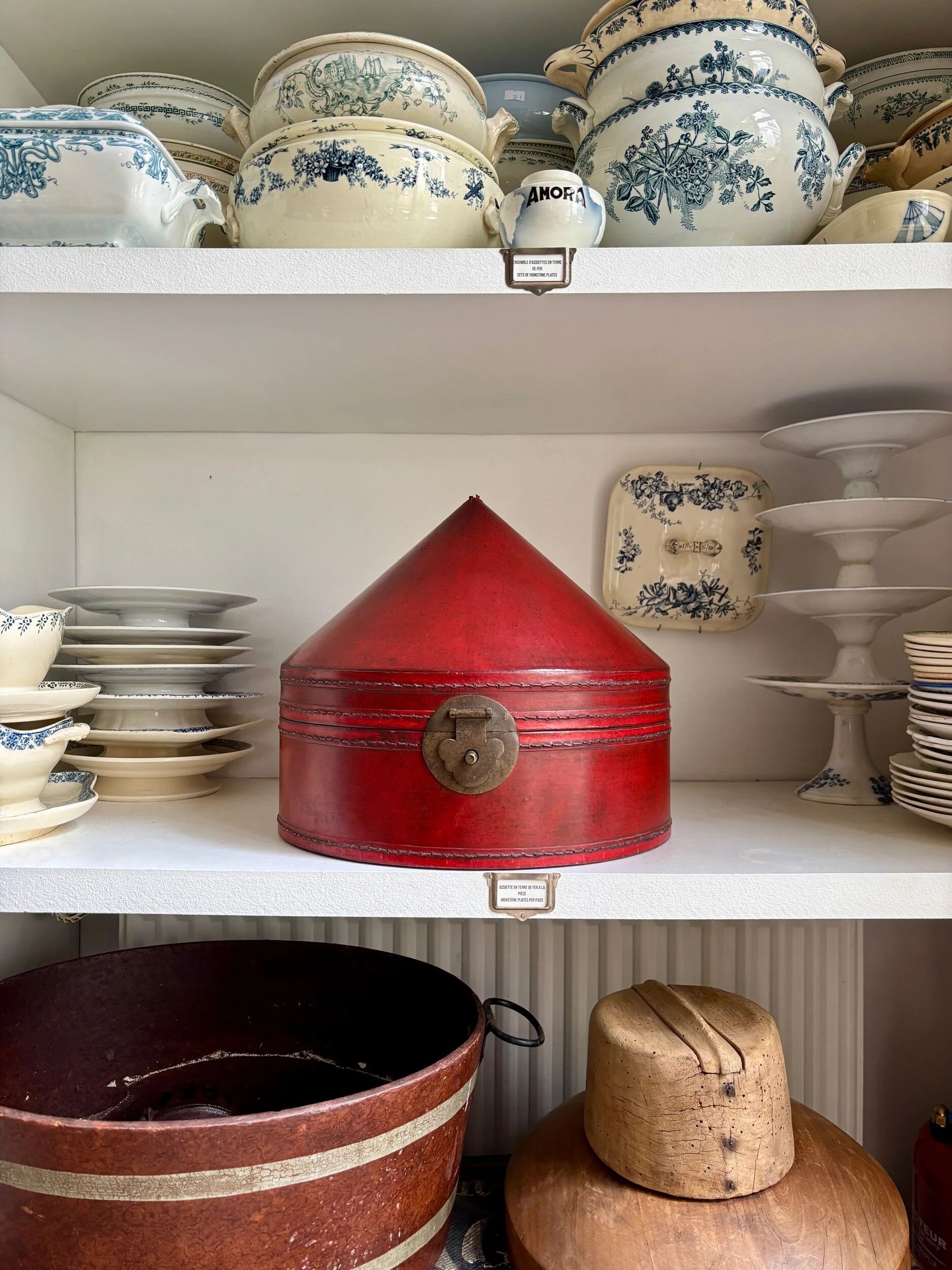 Red leather-covered hat box, China 19th century