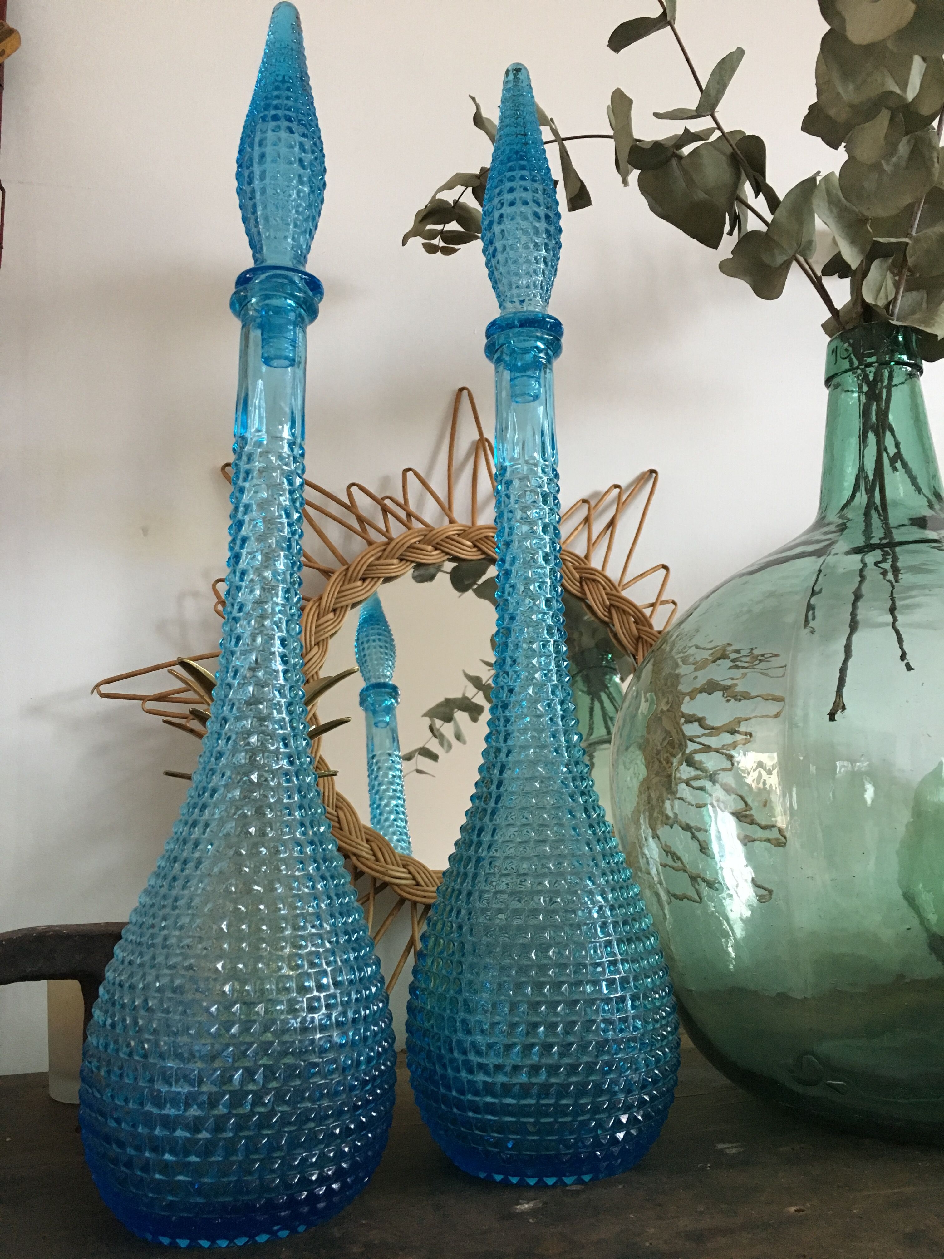 Turquoise blue textured glass carafe