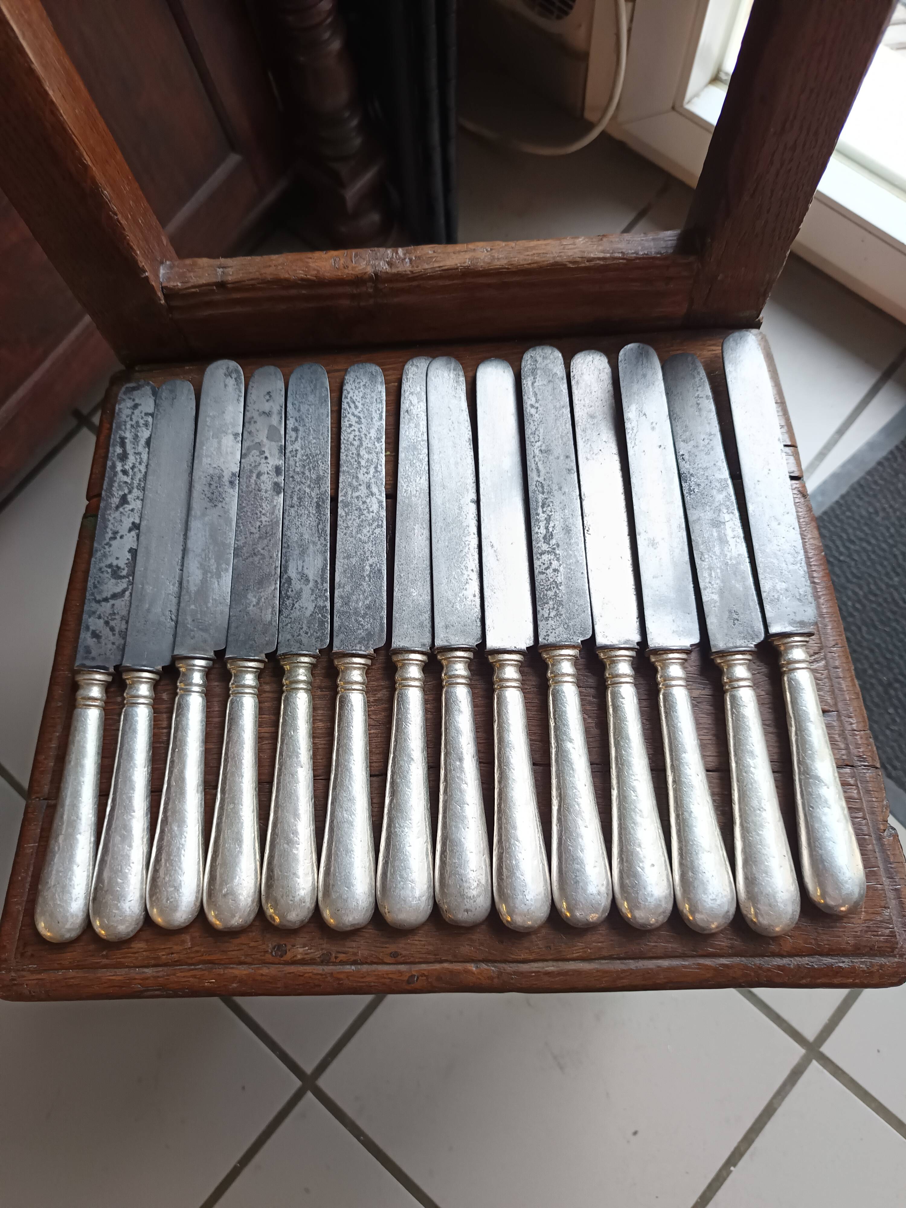 12 large silver-plated metal knives by Christofle 1860 monogrammed Palace Arcachon