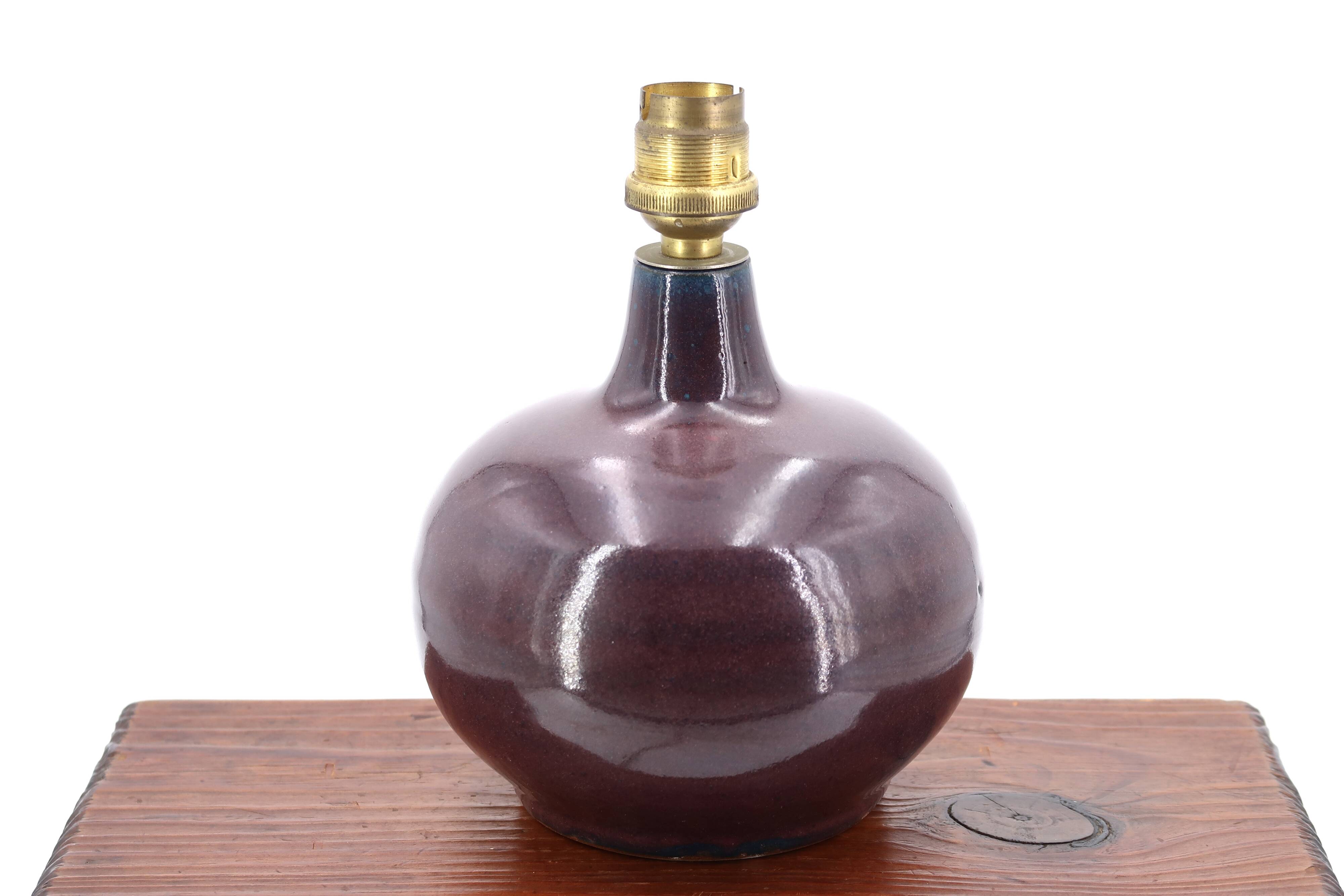 Purple ceramic lamp, silk lampshade, 70s