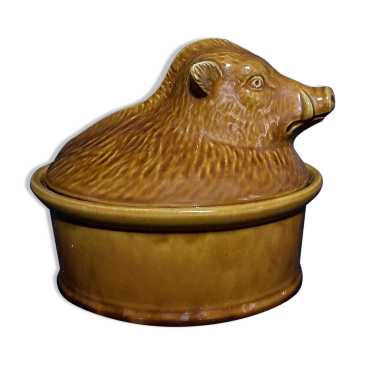 Ceramic terrine dish decorated with vintage wild boar hunting