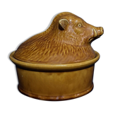Ceramic terrine dish decorated with vintage wild boar hunting