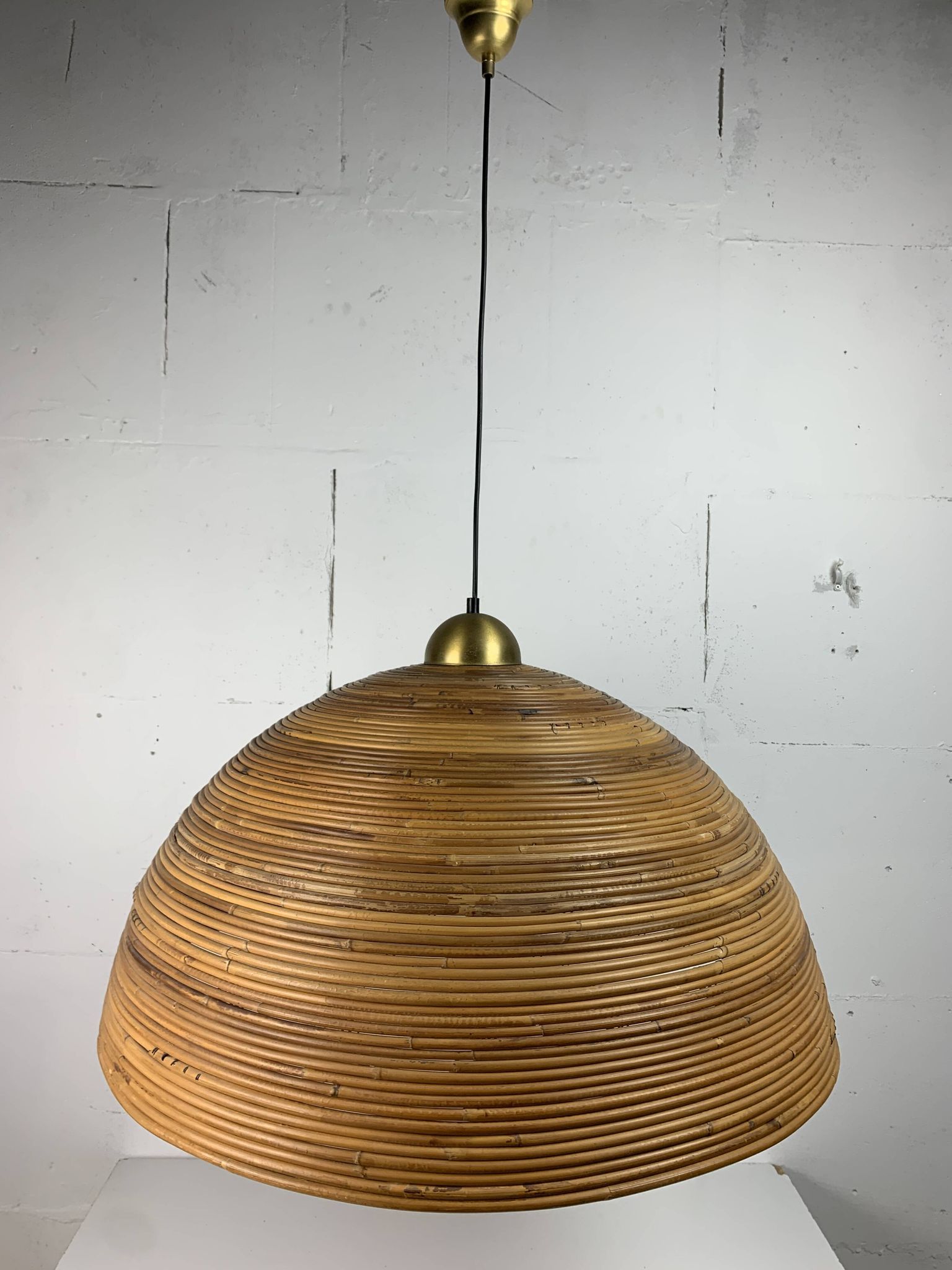 XL 71 cm Pencil Reed, Rattan, Bamboo and Brass Pendant Hanging Lamp, Italy