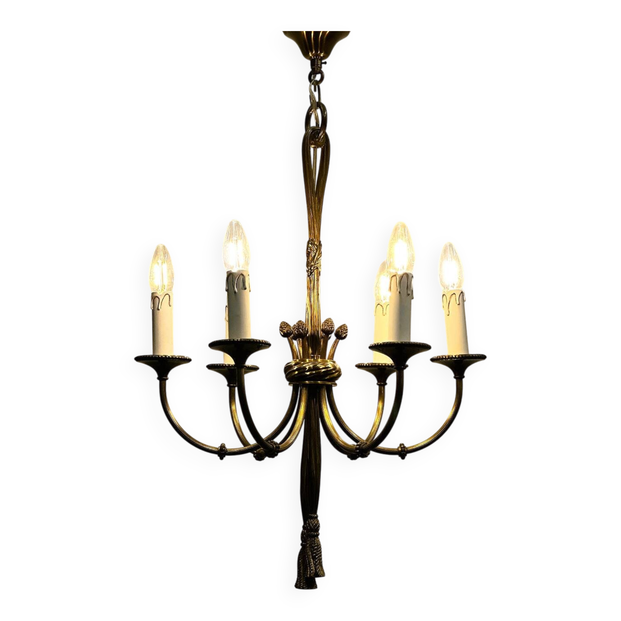 Vintage brass rope & tassel chandelier with 6 lights, France, 1950s