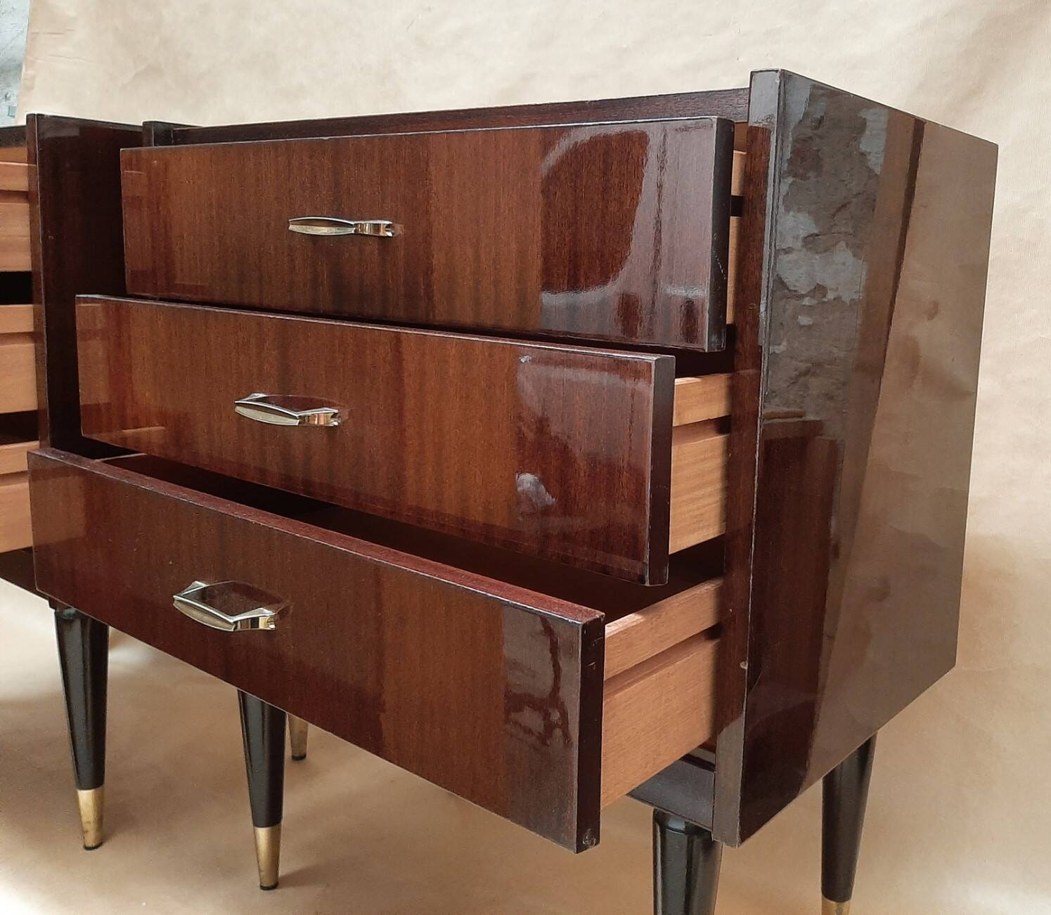Pairs of old bedside tables from the 1960s and 70s.
