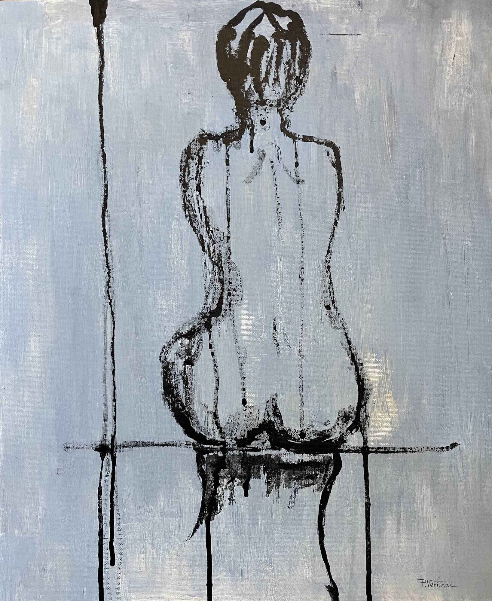 Signed oil on canvas painting of a female portrait "back study in Indian ink"
