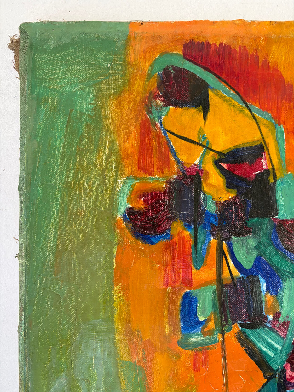 Bouquet of flowers in a blue vase, knife technique.