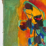 Bouquet of flowers in a blue vase, knife technique.