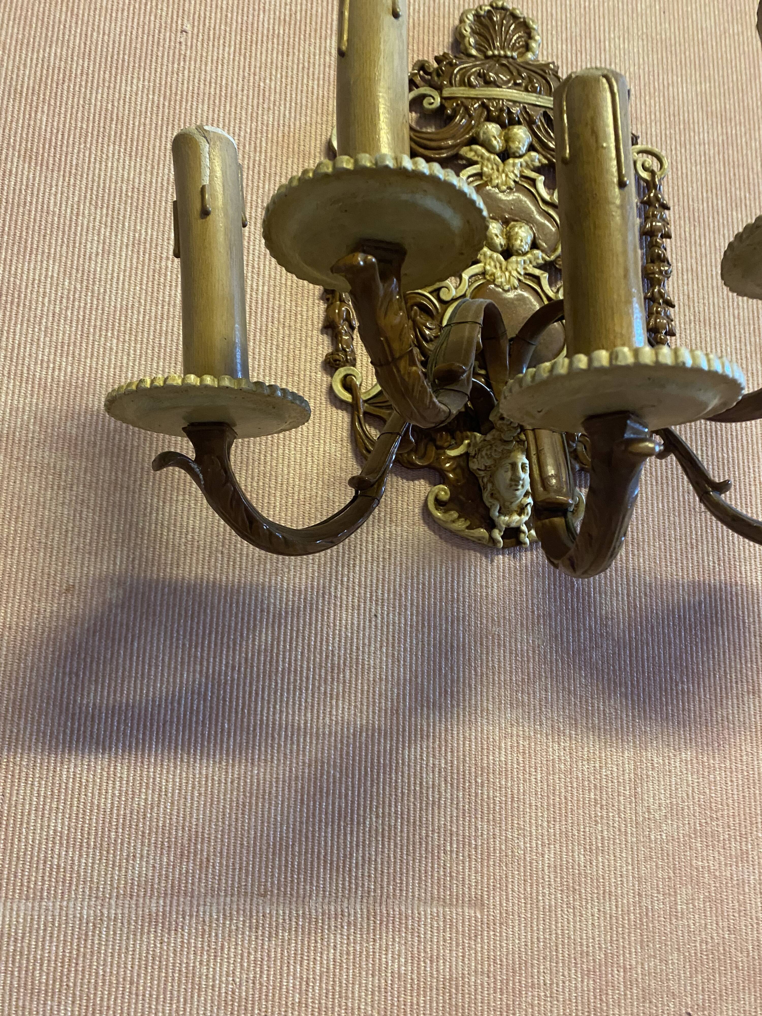 Pair of Regency 5-burner wall lamps, painted in 2 tones.