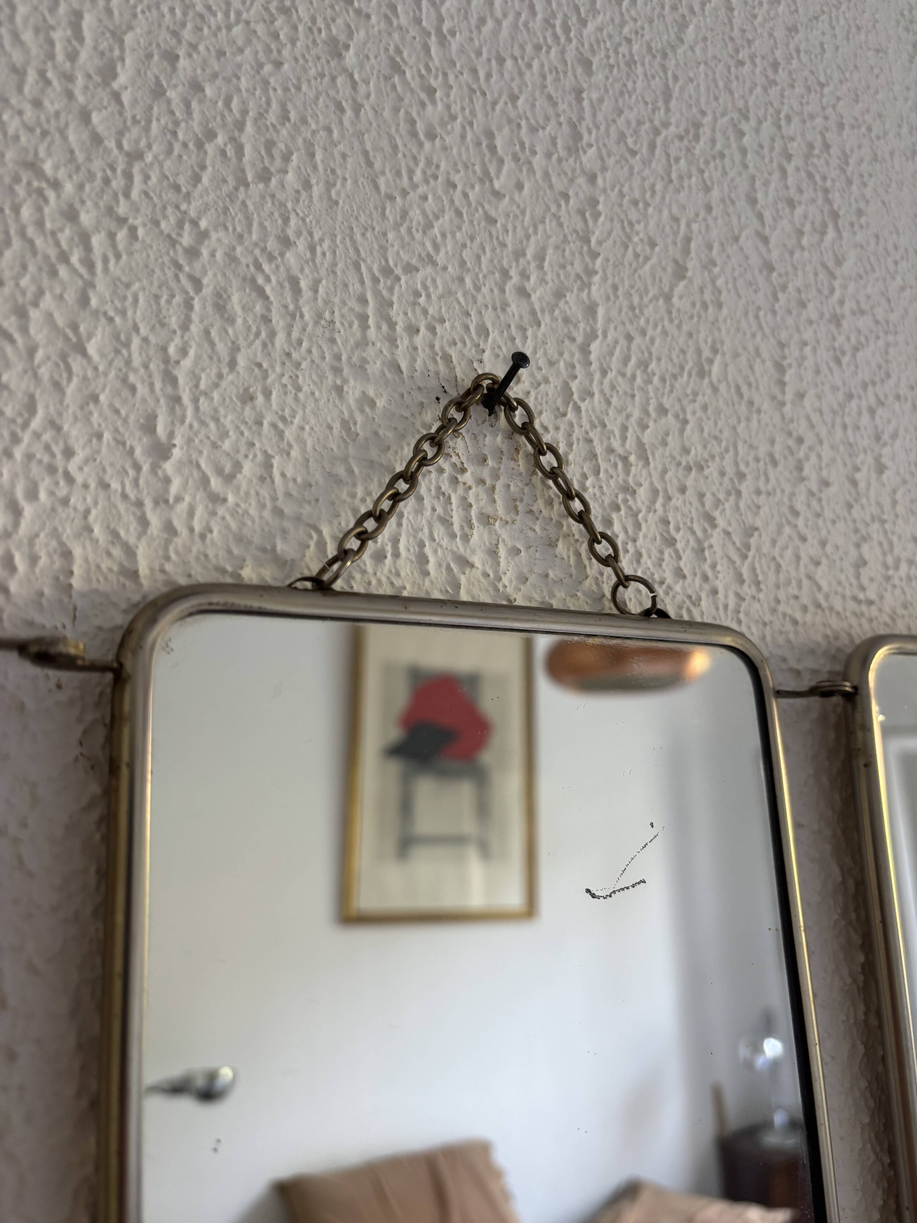 Vintage 1960 triptych barber mirror ivory quilted - 21 x 50 cm