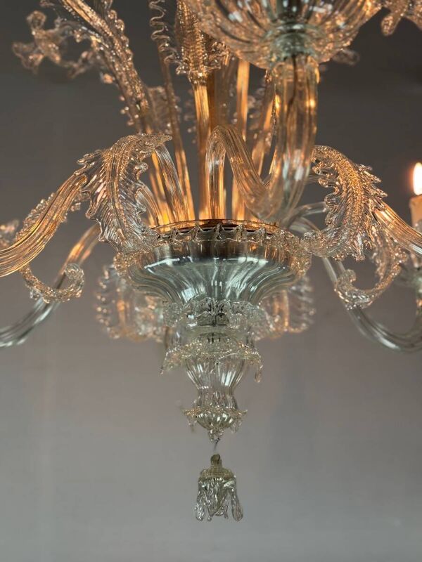 Lustre Vénitien En Verre De Murano Incolore 6 Bras De Lumière, Vers 1930